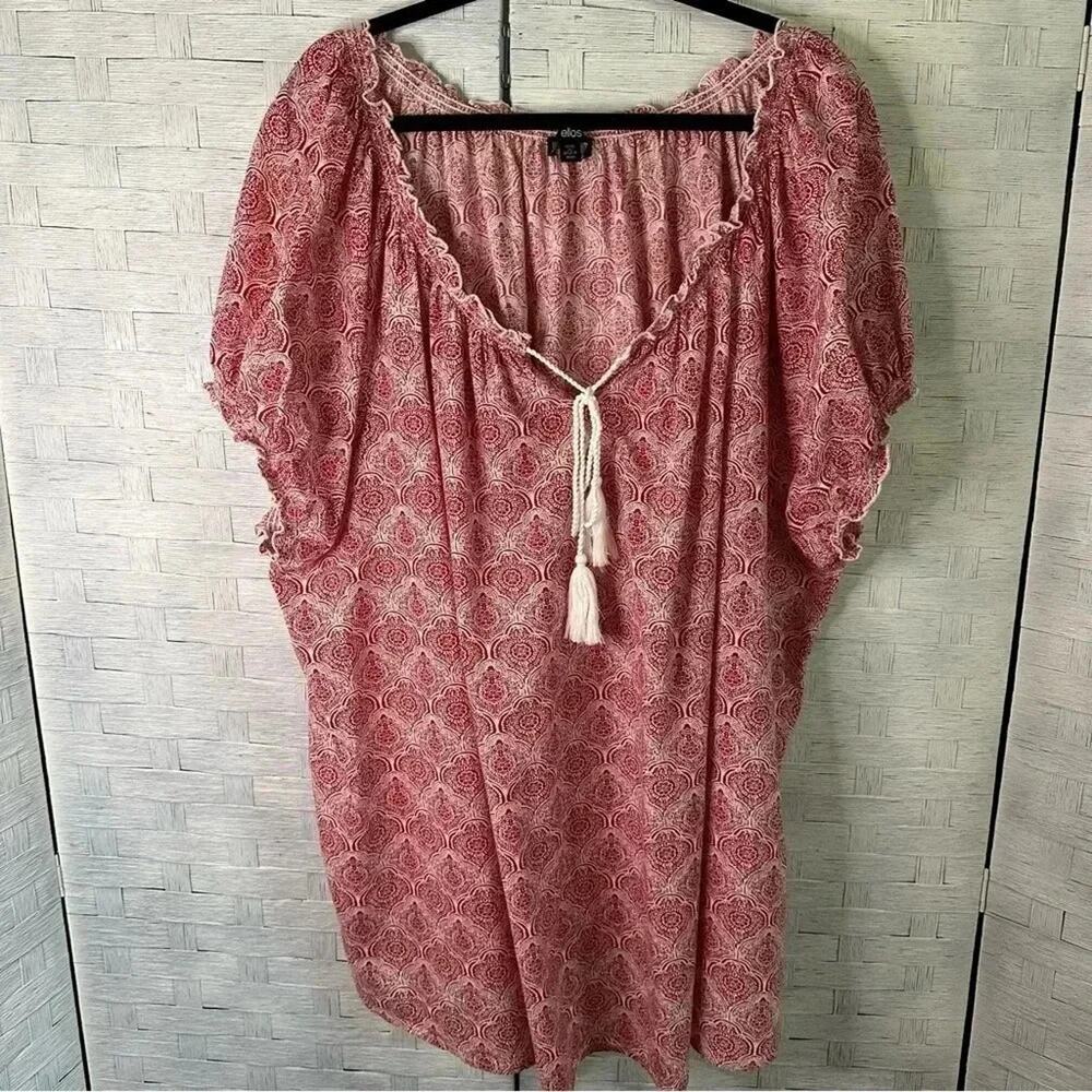 Ellos‎ bohemian red & white balloon sleeve peasant tunic cotton plus size